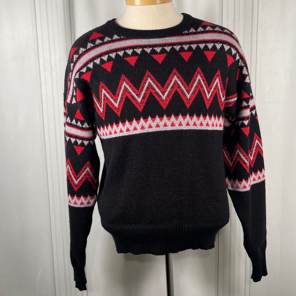 Vintage 80's PROFILE 100% Wool Sweater • Black Red Nordic Ski Geometric Knit • L - Picture 2 of 14